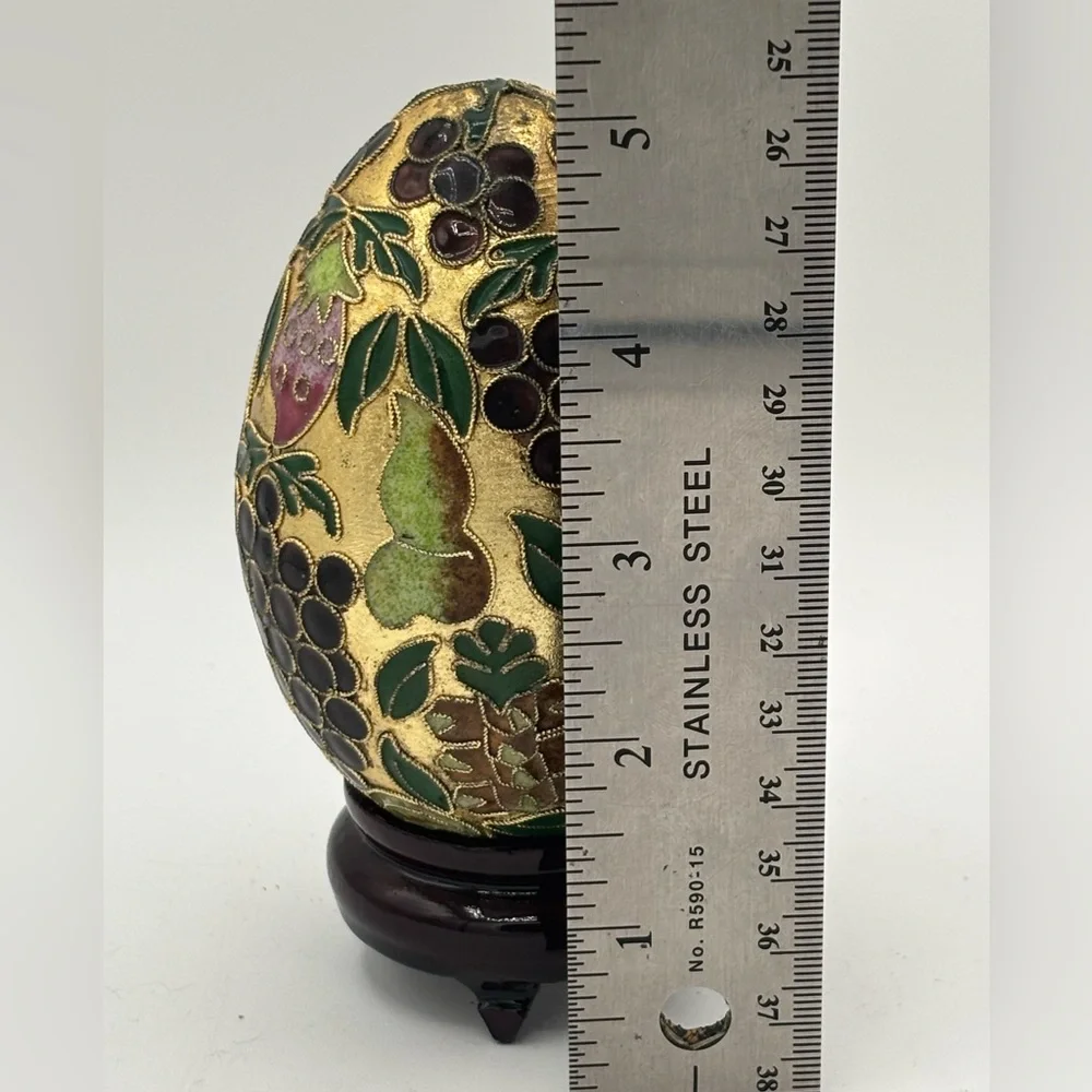 Chinese Enamel Cloisonne Egg With Stand Raised Fruit Design 4”x3”Vintage Gold